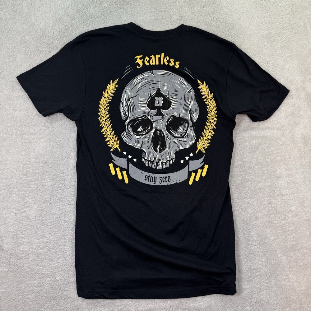 NEW Zero Foxtrot T Shirt Mens Small Black Yellow Skull FEARLESS Stay Zero Casual